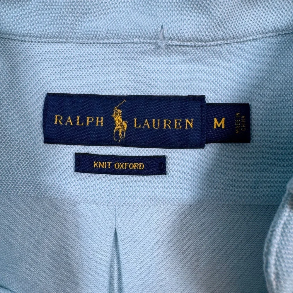 Ralph Lauren Polo Shirt Mens Medium Blue Marlin Fish Knit Oxford Short Sleeve